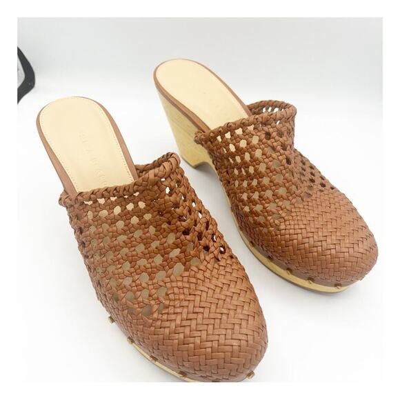 Veronica Beard Hardie Woven Leather & Wood Heeled Clogs Cognac Brown 9 - Picture 2 of 9